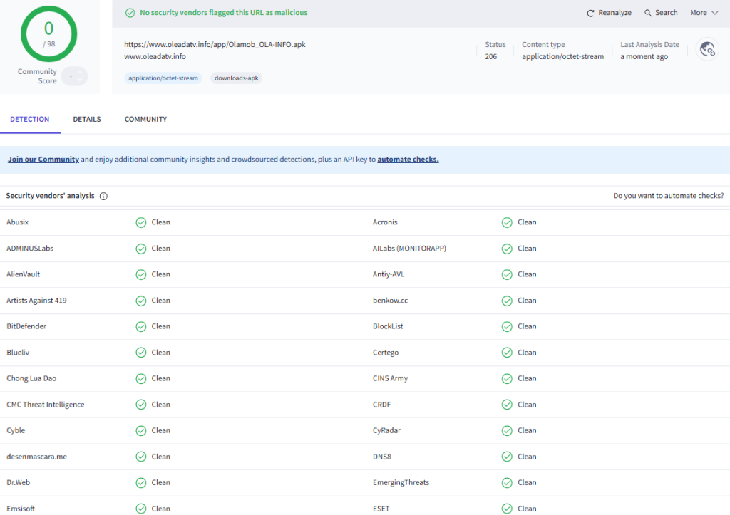 Capturas de pantalla del test APK de Oleada TV en VirusTotal(2) Capturas de pantalla del test APK de Oleada TV en VirusTotal(2)